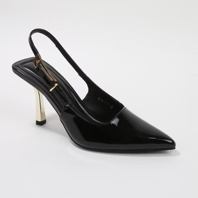 Berness Women's Honey Glossy Slingback Heels with Gold Buckle Detail Black 11 | Target