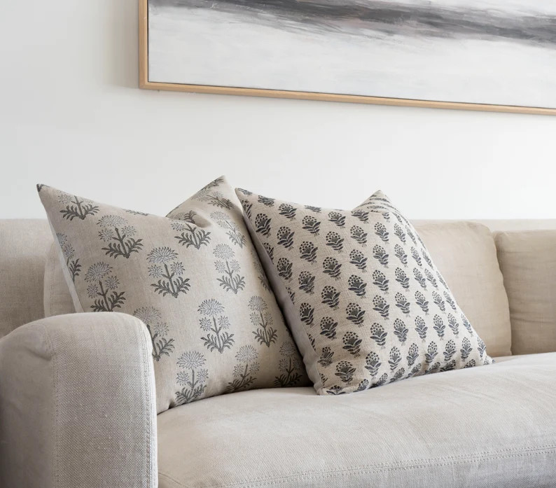 CARTER || Dark Grey Floral Pillow Cover Gray Block Print Pillow Block Print Linen Pillow Cover Ne... | Etsy (US)