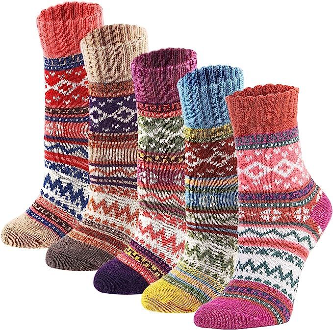 YZKKE 5Pack Womens Vintage Winter Soft Warm Thick Cold Knit Wool Crew Socks, Multicolor, free siz... | Amazon (US)