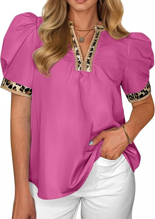 Tankaneo Womens Puff Sleeve Tops Summer Leopard V Neck Color Block Blouse Dressy Casual Loose Fit... | Amazon (US)