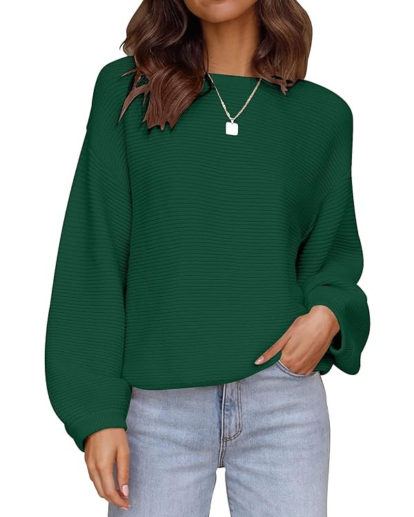 ZESICA Women's 2024 Crew Neck Long Lantern Sleeve Casual Loose Ribbed Knit Solid Soft Pullover Sw... | Amazon (US)