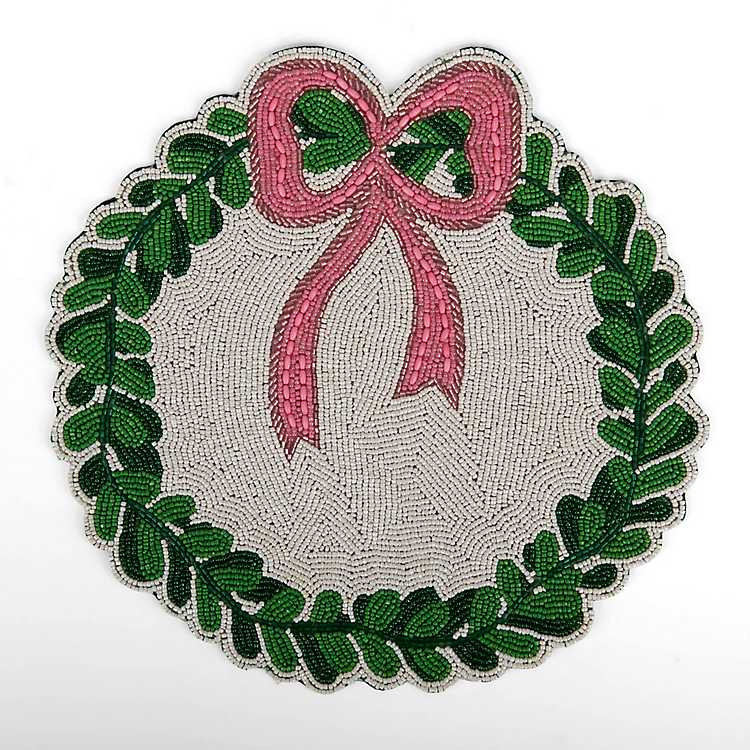 Christmas Wreath Pink Bow Beaded Placemat | Kirklands Home | Kirklands