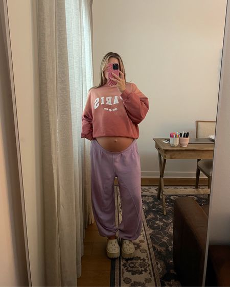 38 weeks pregnant! Anine Bing Sweatshirt size M super cozy soft & slightly loose fit + size M in free people sweats they’re my faves sooo soft and lightweight. Gucci clogs run tts 

#LTKbump