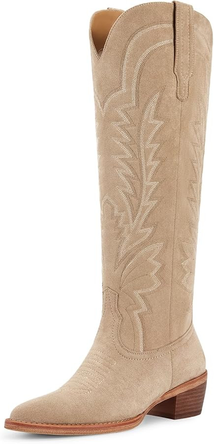 ISNOM Cowboy Boots for Women Knee High Cowgirl Boots with Classic Embroidered Pointed Toe Chunky ... | Amazon (US)