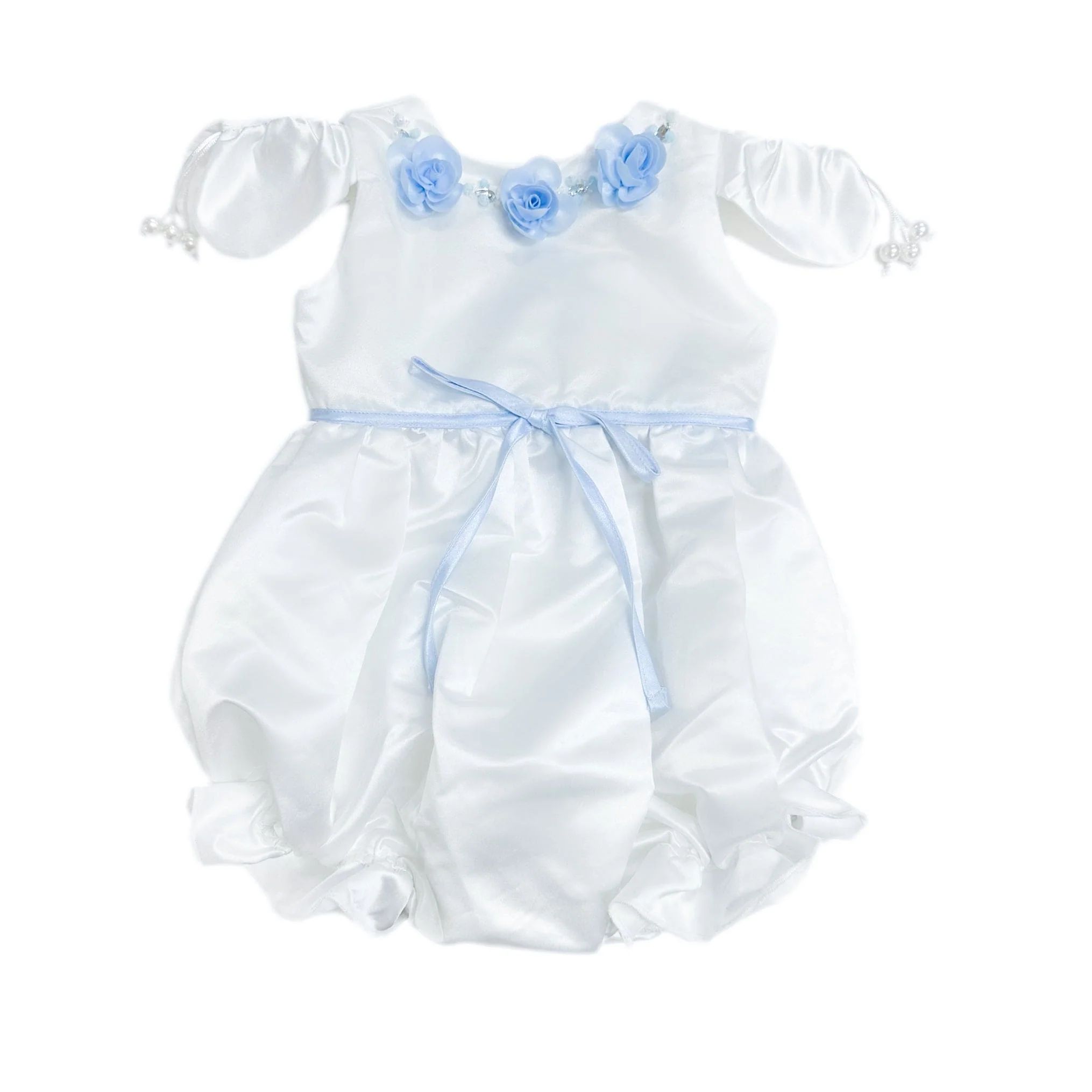 Daphne White Satin Romper with Blue Embroidery | petite maison kids