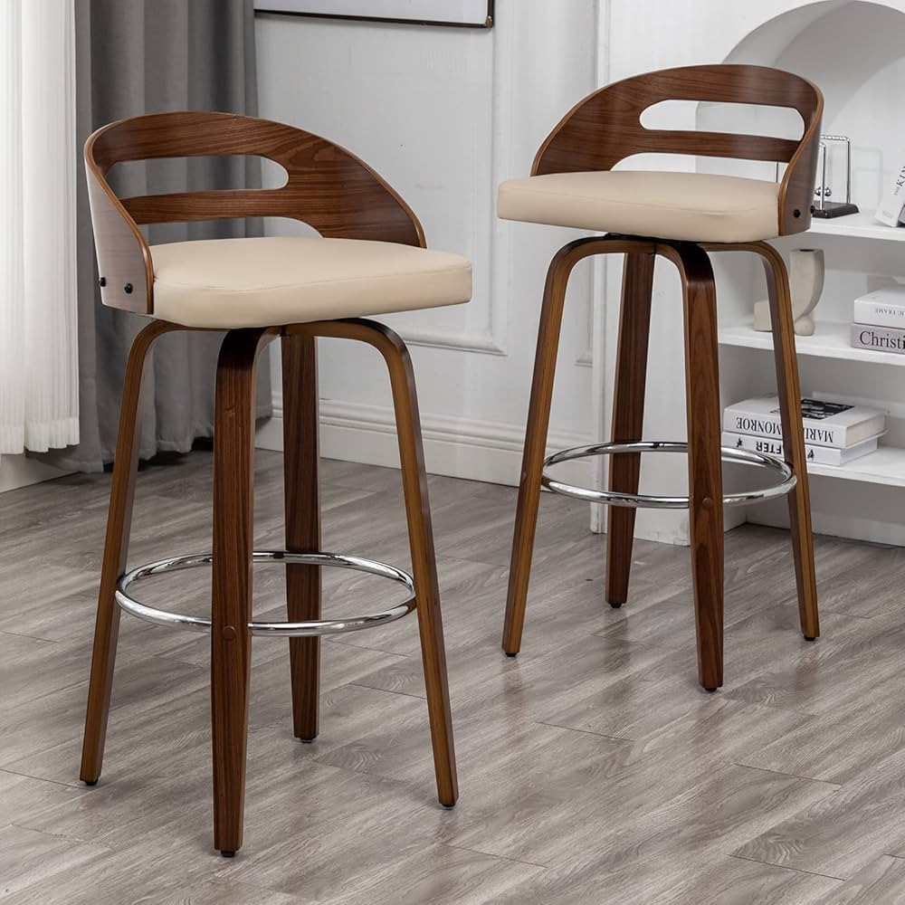 Bar Stools Set of 2, Swivel Bar Height Stools with Low Back, Wood Bar Chairs with Soft Cushion Se... | Amazon (US)