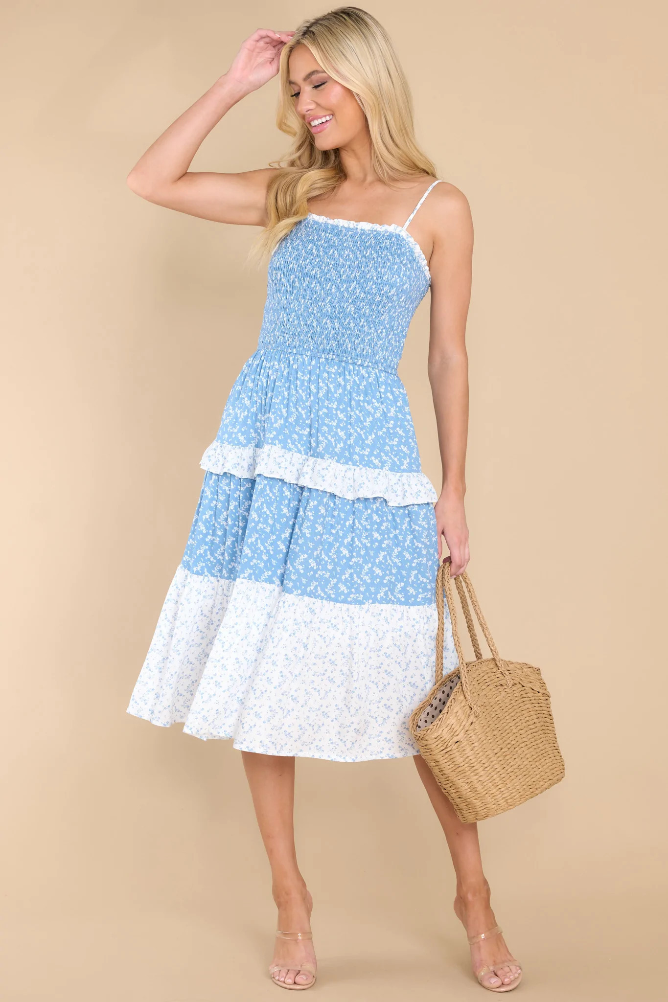 Deep Roots Blue Multi Floral Print Midi Dress | Red Dress 