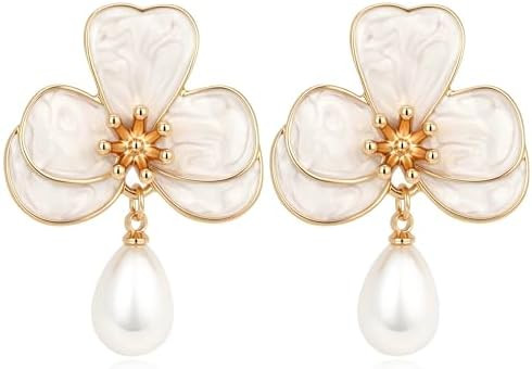 Flower Leaf Dangle Stud Earrings for Women, Trendy Hypoallergenic Gold Plated Handmade Enamel Tro... | Amazon (US)