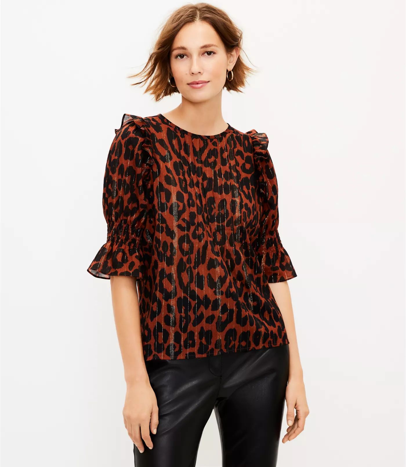 Shimmer Leopard Print Pintucked Ruffle Blouse | LOFT