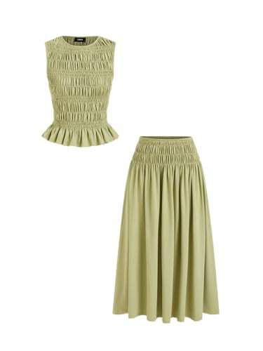 CIDER Two Piece Sets for Women Sleeveless Tops Pleated Peplum Hem Midi Long Flowy Skirt 2026 Summ... | Amazon (US)
