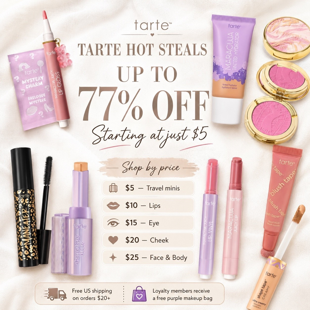 Get up up 77% off Tarte favorites today... some starting at $5!!!  Great time to stock up for travel and back to school. 

@Tarte #tartepartner #ad
