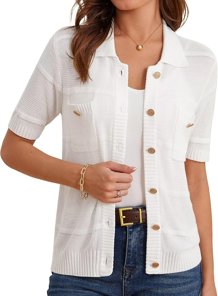 GRACE KARIN Women's Short Sleeve Summer Lightweight Cardigan Sweaters Button Up Polo Neck Crochet... | Amazon (US)