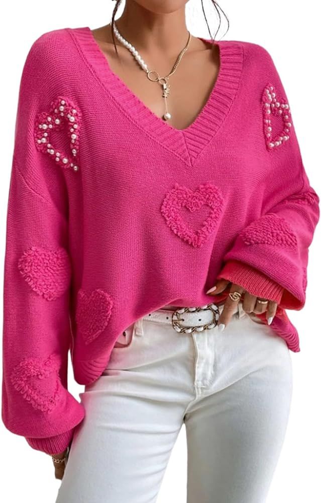 SELINK Women's Fuzzy Heart Sweater V Neck Pearl Drop Shoulder Casual Long Sleeve Valentines Sweat... | Amazon (US)