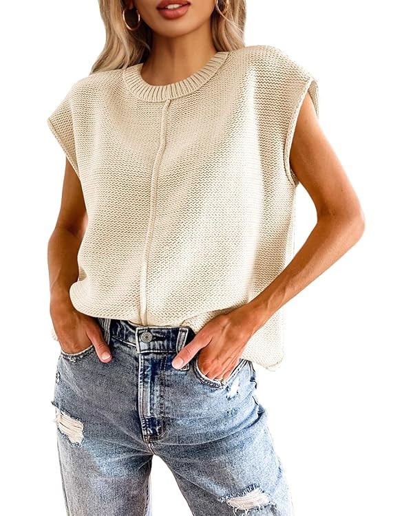 Saodimallsu Womens Summer Cap Sleeve Tops Casual Crew Neck Loose Fit Knit Lightweight Sweater Pul... | Amazon (US)