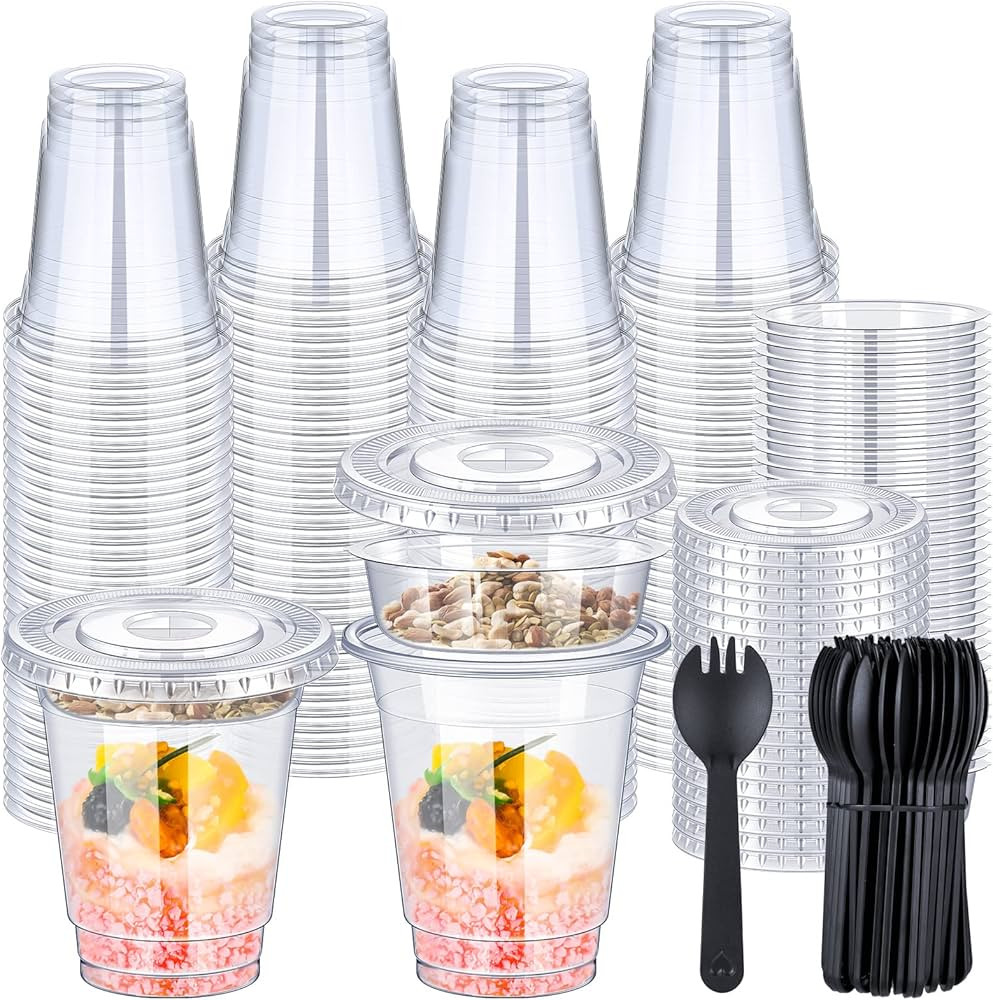 WILLBOND 100 Sets 12oz Clear Plastic Parfait Cups with Flat Lids Insert Yogurt Fruit Parfait Cups... | Amazon (US)