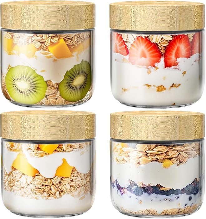 4 Pack 10oz Overnight Oats Containers with Bamboo Lids, Glass Jars with Airtight Lids for Meal Pr... | Amazon (US)