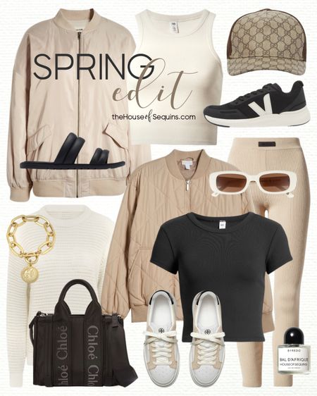 Shop these Nordstrom athleisure spring outfit and travel outfit finds! Quilted jacket, satin bomber jacket, Fear of God Essentials ribbed leggings, Nike cropped tee,  Sorel Ella puff slide sandals, Varley Kershaw open knit sweater, Skims tank, Veja Impala sneakers, Tory Burch Ladybug sneakers, Chloe Woody tote bag, Gucci cap, Coin charm bracelet and more! 

#LTKSeasonal #LTKActive #LTKtravel