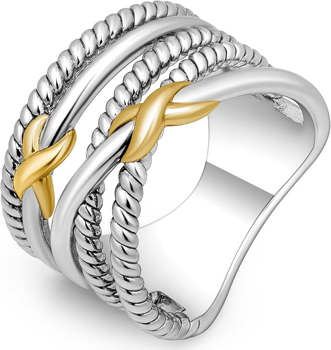 Wide Band Ring for Women Two-tone Crossover Twisted Cable Gold and Silver Ring Statement Chunky G... | Amazon (US)