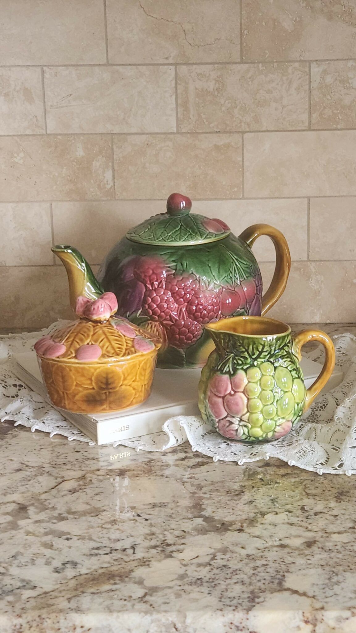 Rare Salins Les Bains France – Majolica Fruit teapot with cream and covered sugar bowl set | Vintage Keepers