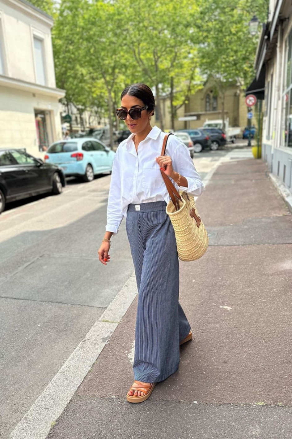 paris fashion, ootd, fashion inspiration, pantalon ample rayures fines, chemise blanche en lin, sandales marron Bash, sac cabas Celine 

#LTKFind #LTKstyletip