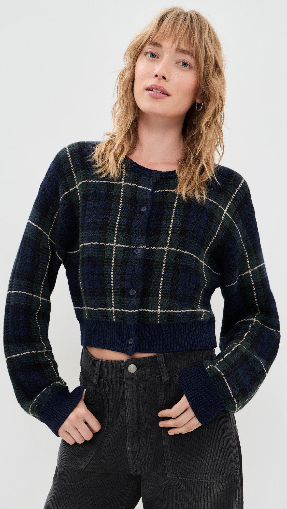 Good American The Shrunken Cardigan Forest Plaid S | Shopbop