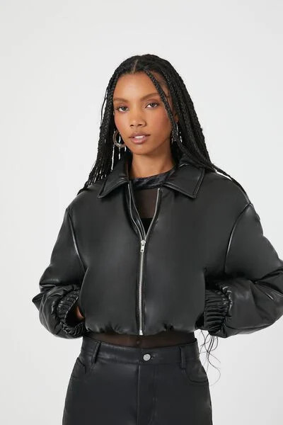 Cropped Faux Leather Bomber Jacket | Forever 21 (US)
