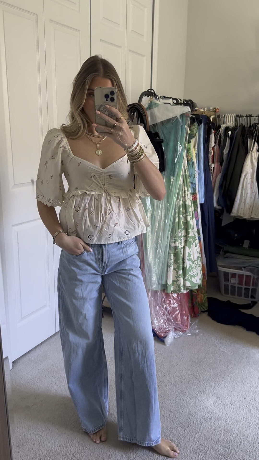 American Eagle. AE Flutter Sleeve Eyelet Babydoll Blouse in size XS. A gorgeous top that's perfect for a classy, femme look, featuring floral eyelet details. AE Strigid Low-Rise Ultra Wide-Leg Jean size 00. A slouchy low-rise fit, made with an ever wider leg to ace that effortless look. a big ole box of new American Eagle goodies the perfect pieces for spring and summer fashion I cannot wait to mix and match to create different outfits 😌💓 I am 5’4 and size 25 waist for reference. If you want to see a try on, LET ME KNOW!!! @American Eagle 

#americaneagle #americaneaglehaul #springfashion #springstyle #summerstyle #summerfashion #tryonhaul #tryon #tryonwithme #trendyoutfits #trendyclothes #styleinspo #trending #currentfashiontrend #fashiontrends #aerienewarrivals #americaneagleshorts #americaneagletryon #aegifted #aejeans spring fashion, spring style, American Eagle, American Eagle try on haul, new arrivals, summer fashion, warm weather outfits, AE jeans, jeans for summer. 

#LTKSaleAlert #LTKFindsUnder50 #LTKWatchNow