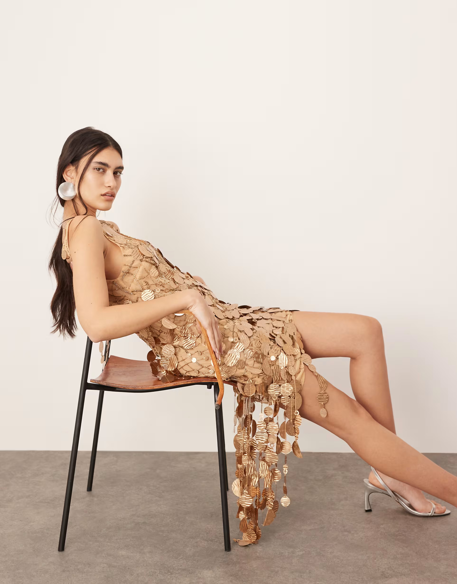 ASOS EDITION sheer lattice sequin asymmetric mini dress with fringe hem in bronze | ASOS | ASOS (Global)