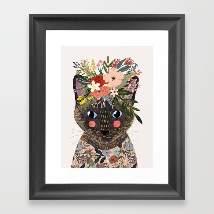 Siamese Cat with Flowers Framed Art Print | Society6
