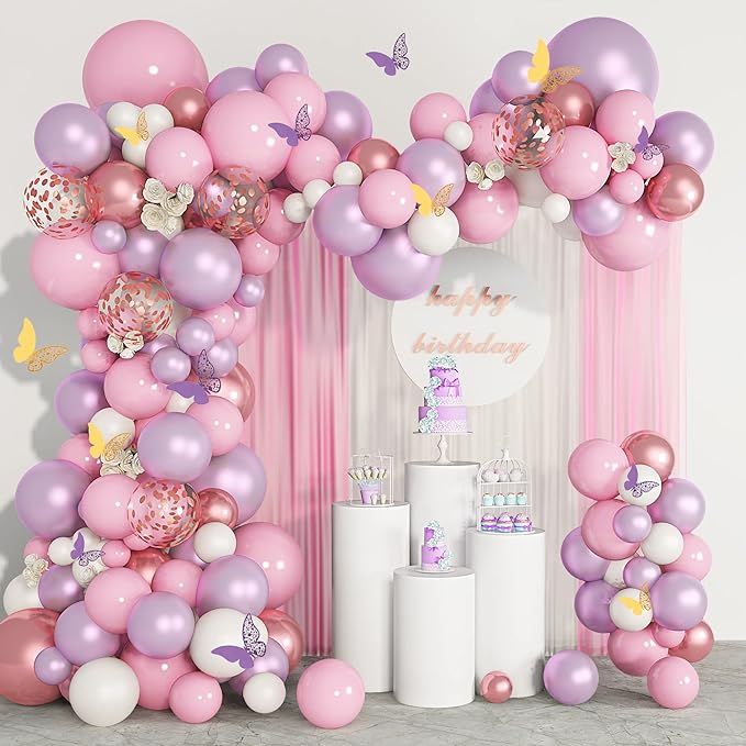 143Pcs Butterfly Pink and Purple Balloons Garland Arch Kit, Baby Shower Decorations for Girl Butt... | Amazon (US)