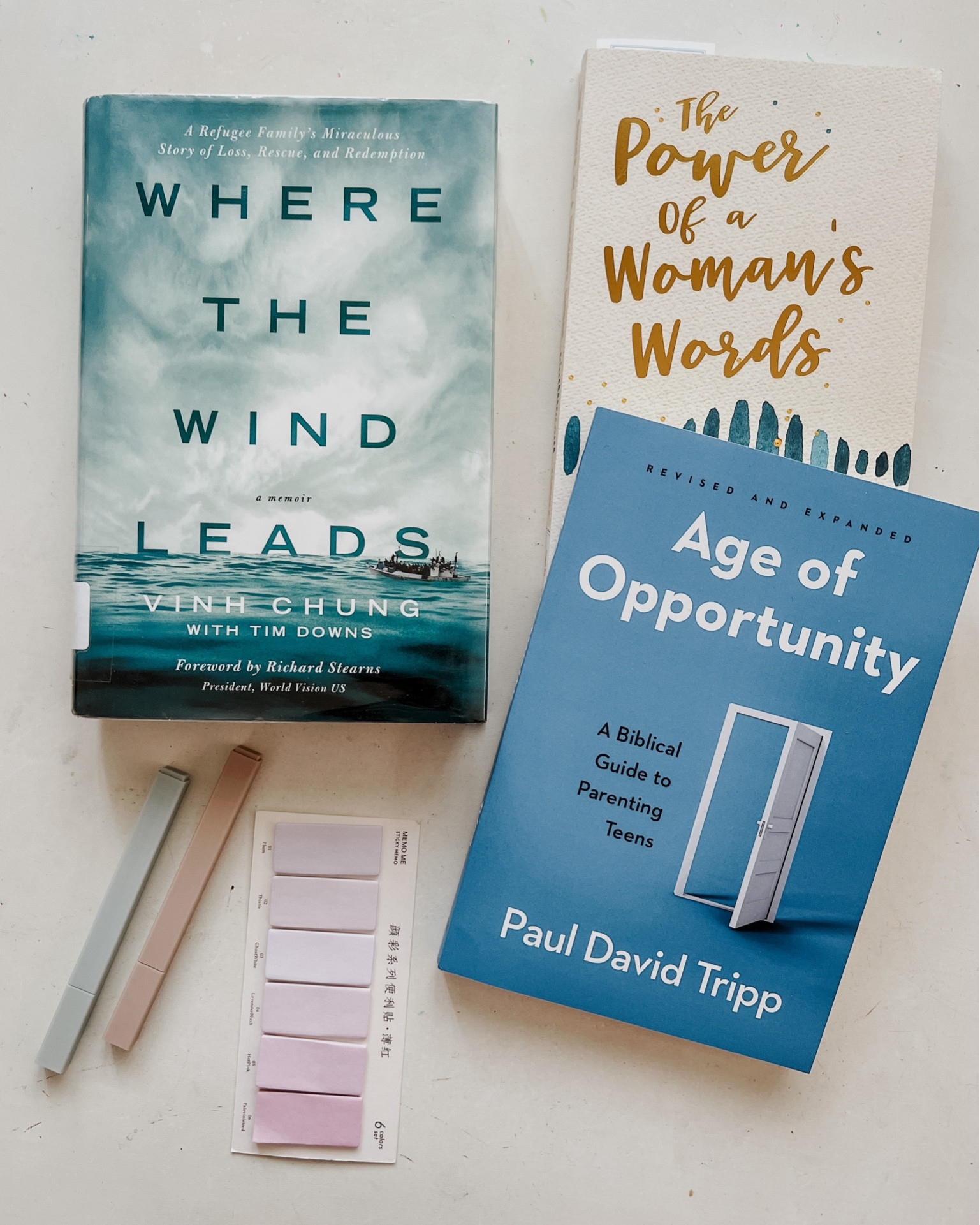 LOVE these books!

Where the Wind Leads is a powerful true story of a refugee family. 
The Power of a Women’s Words was convicting in a great way!
Age of Opportunity is a great read for parents of middle schoolers and high schoolers. 
