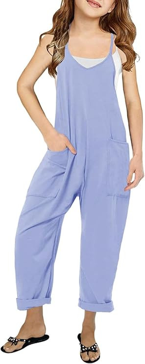 Girl's V Neck Sleeveless Jumpsuits Spaghetti Straps Harem Long Pants Rompers With Pockets (5-14 Y... | Amazon (US)