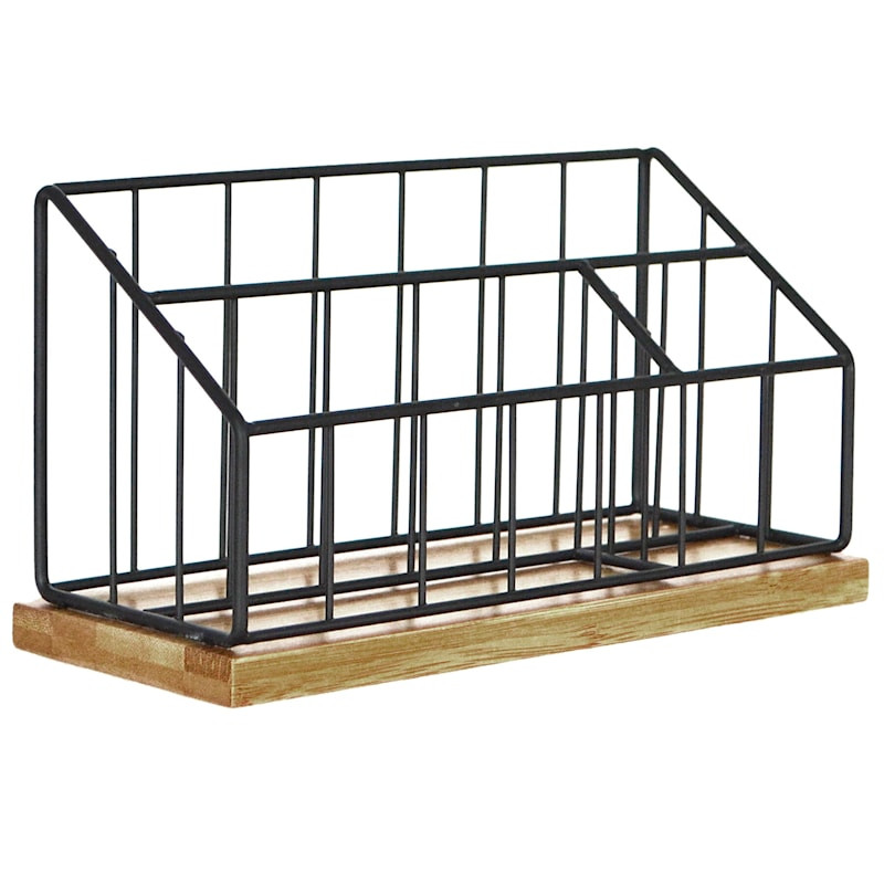 Matte Black Wire & Bamboo Wood Desk Organizer | At Home