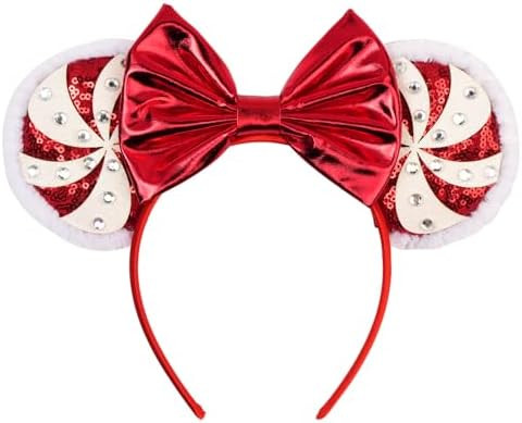 Christmas Peppermint Mouse Ears Headband - Red Sequin Peppermint Swirl with Shiny Red Bow | Holid... | Amazon (US)
