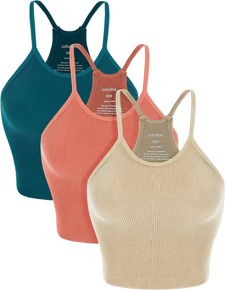 ODODOS Women's Crop Camisole 3-Pack Washed Seamless Rib-Knit Crop Tank Tops, Long Crop, Beige Cor... | Amazon (US)