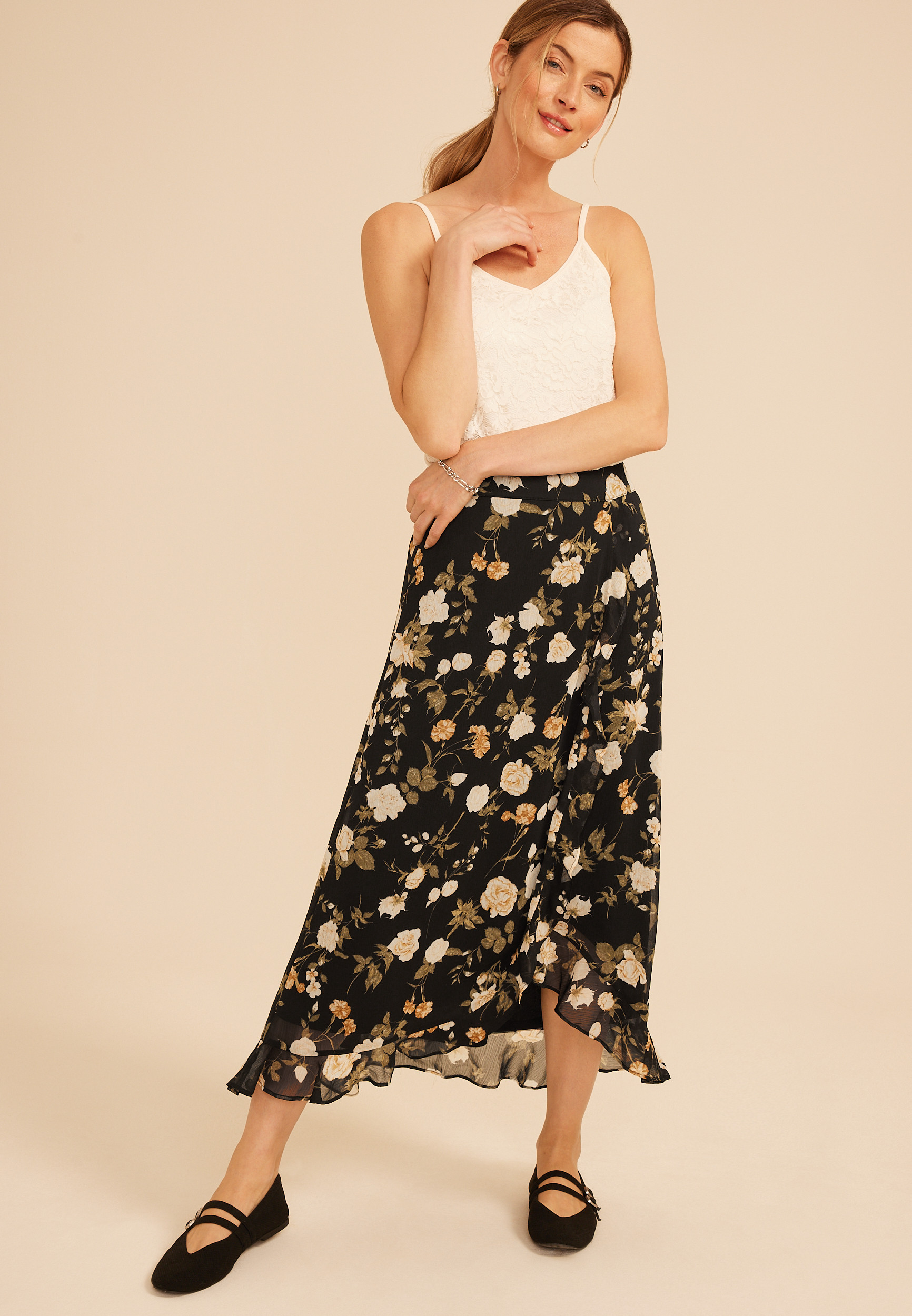 Maurices Women's High Rise Floral Faux Wrap Maxi Skirt | Maurices