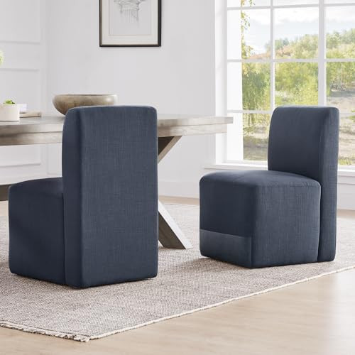 CHITA Dining Chairs with Casters Set of 2, FSC Certified Upholstered Armless Modern Rolling Dining Chairs with Rollers for Bedroom Reading Room Waiting Room, Blue Fabric & Blue Faux Leather Patchwork | Amazon (US)