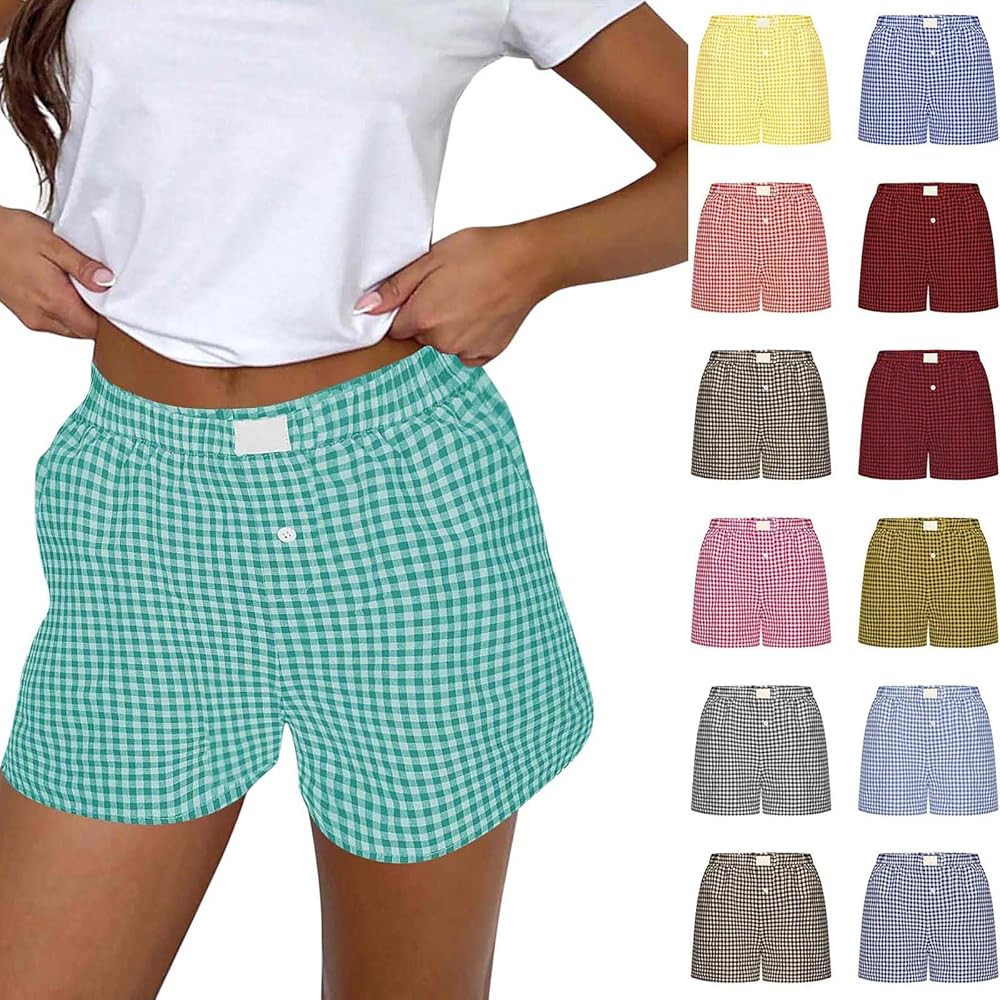 DASAYO Womens Shorts Casual Summer 2024 Elastic Waist Plaid Boxer Shorts Trendy Cute Beach Comfy ... | Amazon (US)