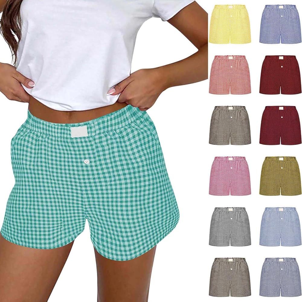 DASAYO Womens Shorts Casual Summer 2024 Elastic Waist Plaid Boxer Shorts Trendy Cute Beach Comfy ... | Amazon (US)