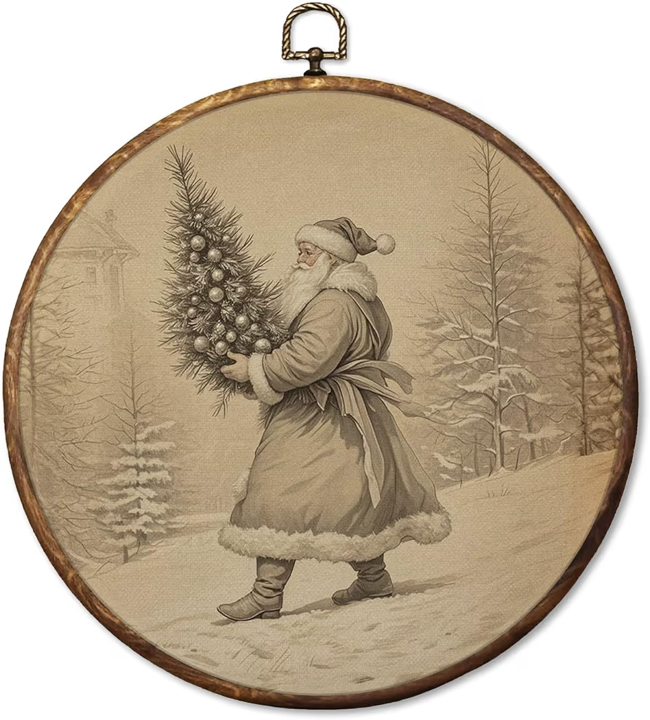 HUGANE Vintage Christmas Santa Round Wall Art Decor, Neutral Rustic Winter Christmas Tree Santa C... | Amazon (US)