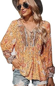 Womens Tunic Tops Floral Printed V Neck Blouses Boho Beach Casual Long Sleeve Shirts | Amazon (US)