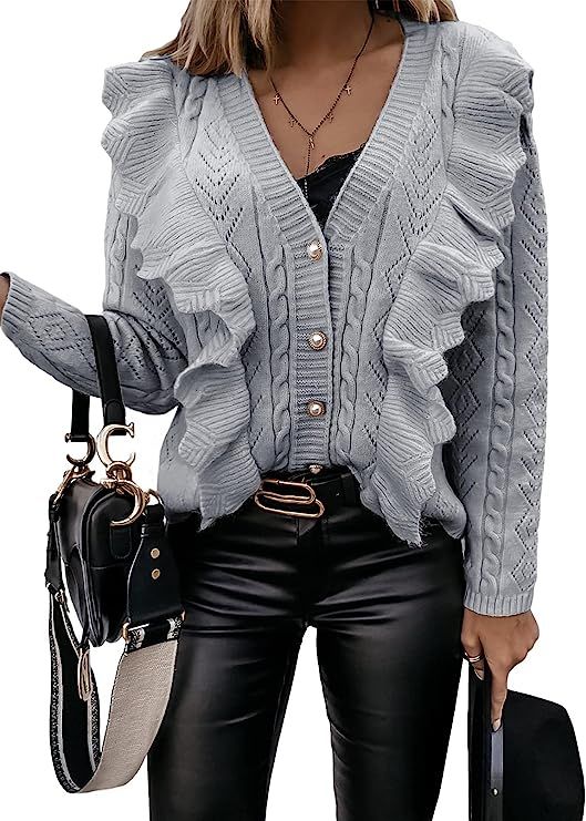 Happy Sailed Womens Sweaters Casual Long Sleeve V Neck Button Down Ruffle Knit Cardigan Sweater C... | Amazon (US)