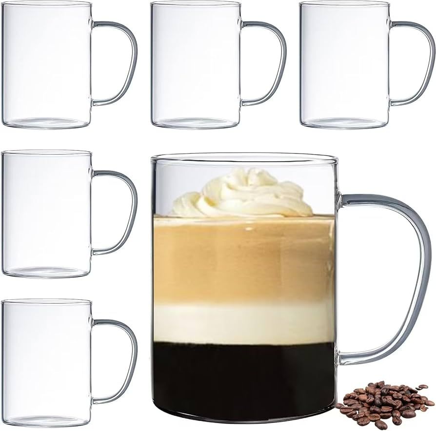 BOQO 16oz Glass Coffee Cups, Large Clear Coffee Mugs Set of 6,Drinking Glass Mug with Handle,Glas... | Amazon (US)