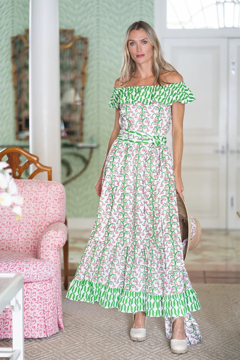 Sleeveless Marias Maxi | Guava/Kelly Green Lily of the Valley | SUE SARTOR