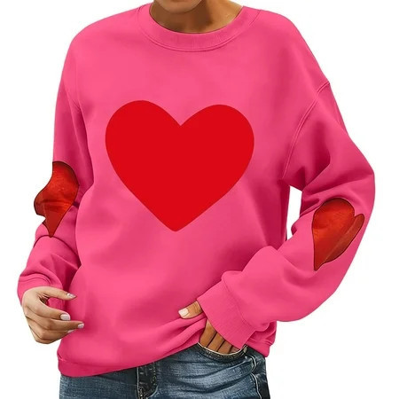 Women's Valentine Pullover Love Heart Long Sleeve Spring Sweatshirts Crewneck Valentine's Day Casual Clothes Hot Pink XL | Walmart (US)