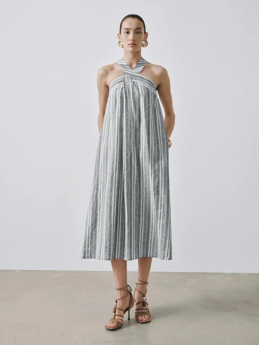 Linen Blend Halter Neck Striped A Line Dresses | Urban Revivo