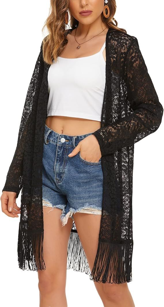 HOTLOOX Women's Bell Sleeve Cardigan Lace Crochet Casual Tops Sheer Cover Up | Amazon (US)