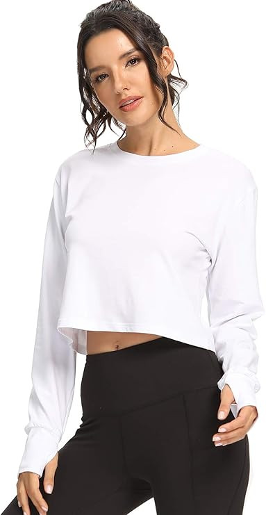 Muzniuer Long Sleeve Crop Top Workout Tops for Women Thumb Hole Tops | Amazon (US)