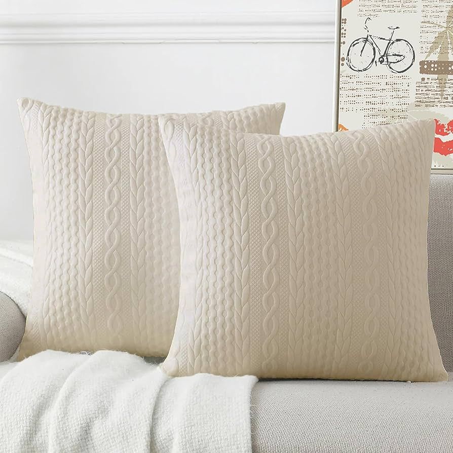 Cikary Decorative Throw Pillow Covers 18x18 Set of 2 for Sofa Bed with Raised Twisted Rope Patter... | Amazon (US)