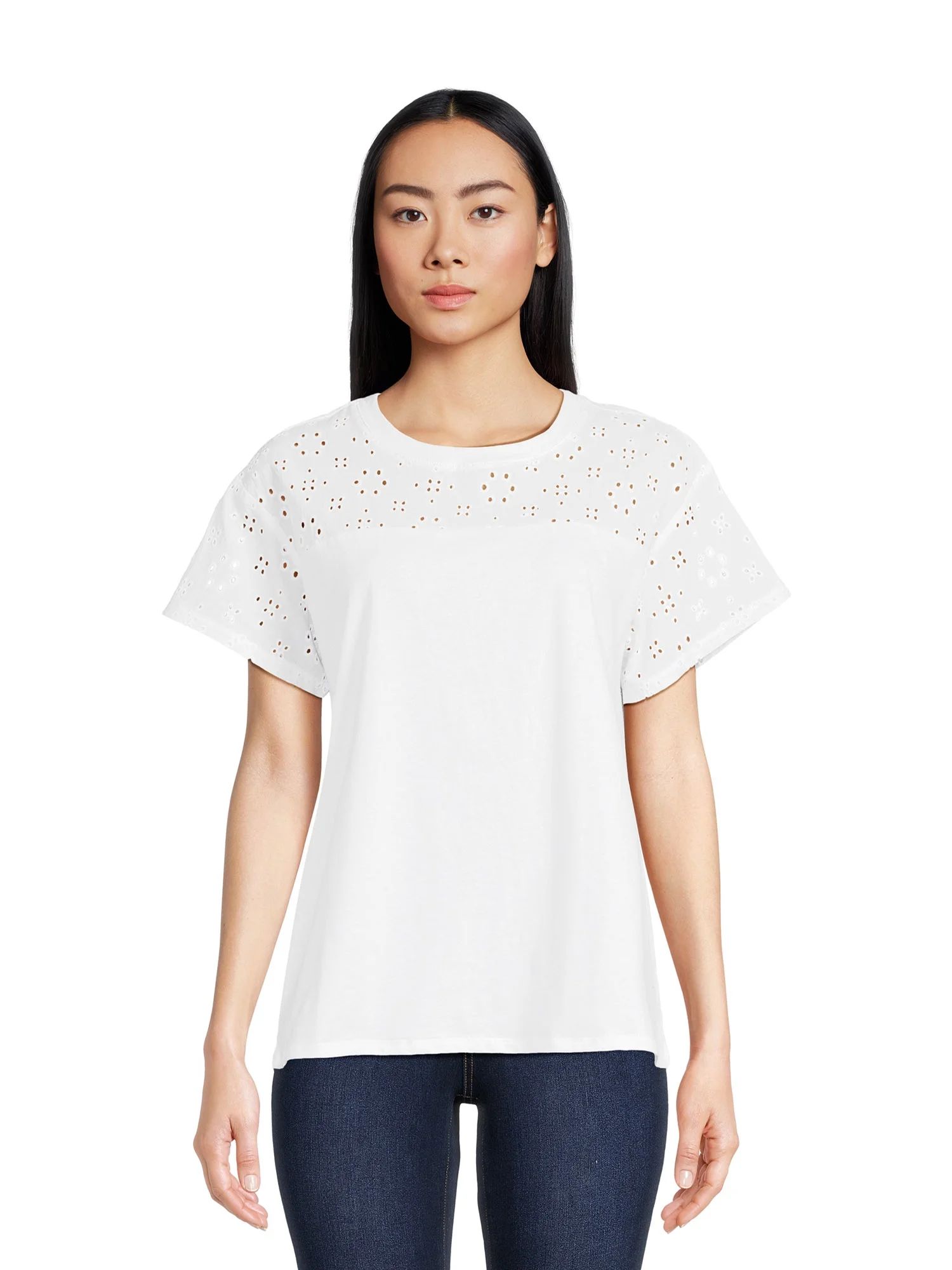 Time and Tru Women's Mixed Media Eyelet Combo Crew Neck Top, XS-3XL | Walmart (US)